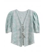 Lace Up Floral Embroidery Cotton Top in Mint