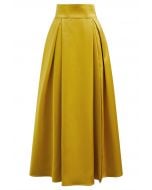 High-Slit Seamed Waist Pleated Satin Maxi Skirt in Yellow