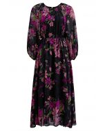 Lily Jacquard Bubble Sleeves Mesh Dress in Purple
