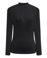 Ruched Accent Mock Neck Fitted Top in Black