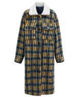 Plaid Collared Faux Fur Longline Coat