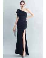 Bowknot One-Shoulder Embroidered Split Gown in Black