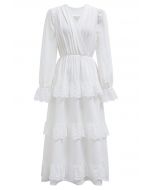 Lace Tiered Wrap Chiffon Midi Dress in White