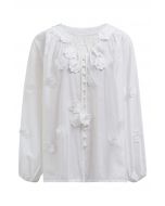 Romantic Blossom 3D Lace Flowers Buttoned Shirt in White