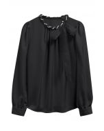 Pearly Neckline Side Bowknot Satin Top in Black