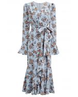 Floral Romance Faux-Wrap Frilling Midi Dress in Blue