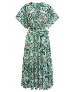 Leaves Printed Flutter Sleeve Faux-Wrap Dress