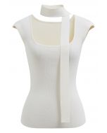 Square Neck Sleeveless Knit Top with Sash in White