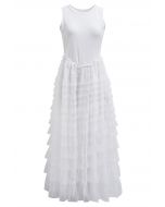 Tiered Mesh Spliced Sleeveless Maxi Dress in White