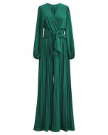 Sash Adorned Wide Leg Pleated Jumpsuit in Dark Green