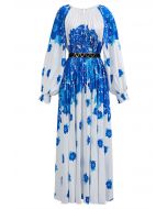 Blossoming Day Watercolor Pleated Maxi Dress in Blue