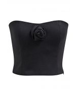 3D Rose Shirred Back Tube Top in Black