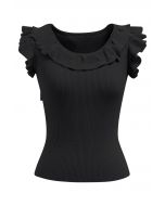 Ethereal Ruffle Sleeveless Knit Top in Black