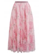 Shimmer Floral Mesh Tulle Midi Skirt in Pink