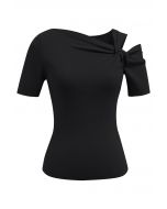 Stylish Knotted Shoulder Stretchy Knit Top in Black