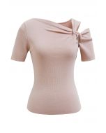 Stylish Knotted Shoulder Stretchy Knit Top in Pink