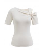 Stylish Knotted Shoulder Stretchy Knit Top in Cream