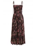 Floral Tie-Shoulder Shirring Midi Dress in Burgundy