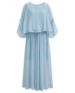 Plisse Bell Sleeves Chiffon Top and Pants Set in Blue