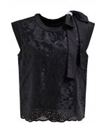 Embroidered Floral Pearly Bowknot Sleeveless Top in Black