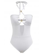 Solid White Halter Neck Cut Out Swimsuit