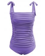 Full Ruched Tie-Shoulder Swimsuit in Purple