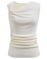 Side Knot Ruched Sleeveless Knit Top in Cream