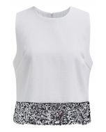 Sequined Hem Sleeveless Tweed Crop Top in White