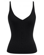Button Decorated Ribbed Knit Tank Top in Black