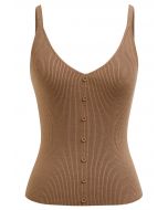 Button Decorated Ribbed Knit Tank Top in Tan