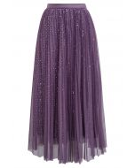 Glister Sequin Trim Mesh Tulle Maxi Skirt in Purple