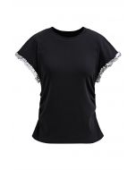 Sequined Cuff Ruched Side T-Shirt in Black