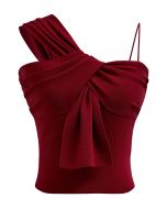 Knotted Front Asymmetric Straps Crop Knit Top in Red
