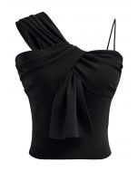 Knotted Front Asymmetric Straps Crop Knit Top in Black