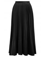 Smooth Satin Pleated Midi Skirt in Black