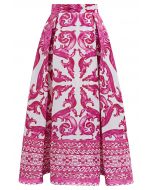 Pink Tile Jacquard Pleated A-Line Midi Skirt