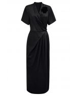 Floral Brooch Textured Satin Dress in Black