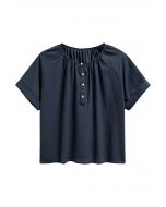 Buttoned Front Roll-Cuff Dolly Top in Navy