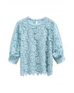 Full Floral Guipure Lace Elbow Sleeve Top in Blue