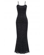 Rhinestone Embellished Bodycon Mesh Maxi Dress in Black