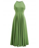 Refined Halter Neck Panelled Midi Dress in Green 