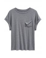 Pocket Trim Rolled Cuff T-Shirt in Grey