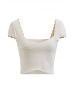 Scalloped Shoulder Knit Crop Top in Cream