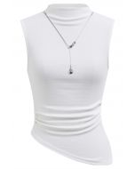 Detachable Necklace Adorned Asymmetric Sleeveless Top in White