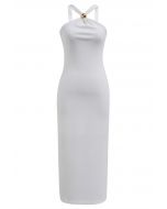 Golden Bead Trim Halter Sheath Dress in White