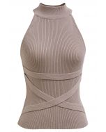 Crisscross Ribbon Sleeveless Halter Knit Top in Taupe