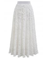 Floral Crochet Sequin Embellished Fishnet Maxi Skirt in White