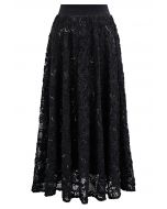 Floral Crochet Sequin Embellished Fishnet Maxi Skirt in Black