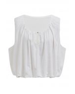 Mesh Inserted Linen-Blend Sleeveless Crop Top in White