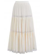 Lace Spliced Cotton Midi Skirt in Cream